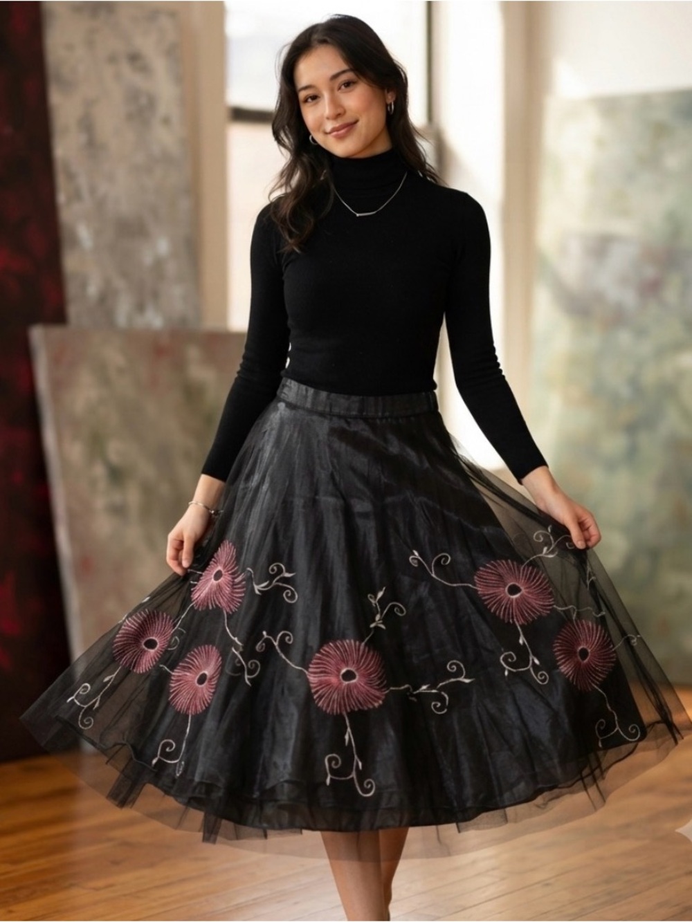 Black Tulle Circle Skirt with Pink Floral Embroidery. Sz small